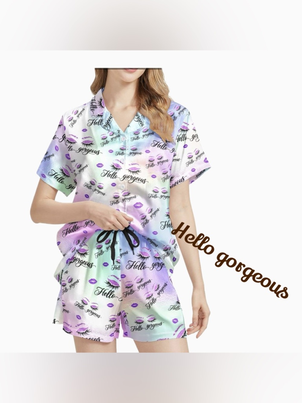 Hello Gorgeous Pastel Tie-Dye Satin Short Pajama Set/lounge wear, NEW